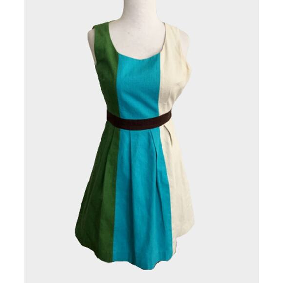 Tabitha Fit & Flare Mini Dress Color Block Multicolor 100% Cotton Sleeveless 0 - Picture 2 of 5